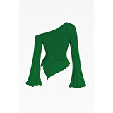 MARSiLYAN- Kadın Yeşil Uzun İspanyol Kollu Asimetirik Yaka Yandan Bağlamalı Drapeli Bluz