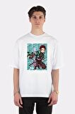 Unisex Beyaz Oversize T-shirt Demon Slayer - Tanjiro Kamado