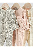 %100 Pamuklu Krem Kahve Animal Desenli Şapkalı 3'lü Tulum Set