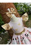 Kız Çocuk Minnie Mouse (miki Mouse) Desenli Gold Payet Detaylı Tüllü Elbise