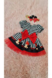 Kareli Mickey Mouse Baskılı Kırmızı Tüllü Kabarık Elbise