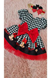 Kareli Mickey Mouse Baskılı Kırmızı Tüllü Kabarık Elbise