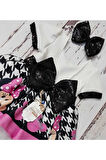 Kız Çocuk Pembe Beyaz Mickey Mouse Kaz Ayağı Desenli Payet Detaylı Tüllü Elbise