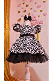 Kız Çocuk Leopar Desenli Siyah Tüllü Kabarık Elbise
