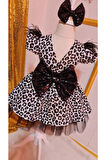 Kız Çocuk Leopar Desenli Siyah Tüllü Kabarık Elbise