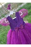 Kız Çocuk Mor Simli Tüllü Kabarık Abiye Elbise