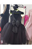 Kız Çocuk Siyah Kabarık Sırt Kalp Detaylı Kuyruklu Elbise
