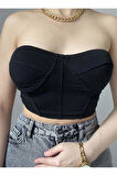 Kadın Siyah Gloplu Straplez Korse Detaylı Büstiyer Crop Bluz