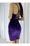 Kadın Mor Ip Askılı Sırtı Çapraz Bağlamalı Full Likralı Esnek Mini Kadife Elbise