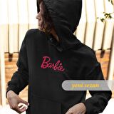 Kapüşonlu ipli Mevsimlik Kadın Barbie Sweatshirt Hoodie Siyah Pembe XXL