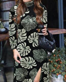 JANES Kadın Uzun Kollu Balıkçı Yaka Yırtmaçlı Krep Elbise