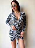 JANES Kadın V Yaka önü Asansör Büzgü Detay Fırsat ürün Zebra Mini Elbise