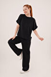 JANES Modal Kısa Kollu Üst Ve Geniş Paça Eşofman İkili Siyah Takım