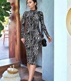 JANES Kadın Zebra Desen Süet Kumaş Fırsat ürün Midi Boy Elbise