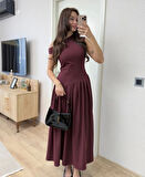 JANES Asimetrik Düşük Yaka Kolsuz Uzun Elbise - Bordo