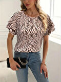 JANES Kadın Kısa Kollu Kolları Volanlı Baskılı Süprem Bluz