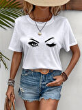 JANES Kadın Kısa Kollu Bisiklet Yaka Göz Baskılı Süprem T-shirt