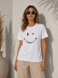 JANES Minimal Gülümseyen Yüz Baskılı Tişört Kısa Kol Yazlık T-Shirt - Beyaz
