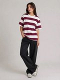 JANES Çizgili Oversize Tişört Bisiklet Yaka Kısa Kol Yazlık T-Shirt - Bordo