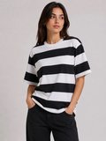 JANES Çizgili Oversize Tişört Bisiklet Yaka Kısa Kol Yazlık T-Shirt - Siyah
