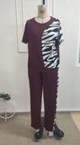 JANES Kadın Kısa Kollu Bisiklet Yaka Zebra Desen Bluz Ve Pantolon Ikili Takım