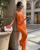 JANES Kadın Düğme Detay Yelek Ve Bol Paça Pantolon Bürümcük Kumaş Ikili Takım