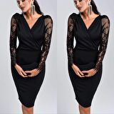 Kadın Uzun Kollu Kruvaze Yaka Kollar Tül Detay Krep Mini Boy Elbise