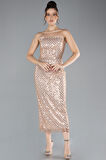 Straplez Midi Boncuklu Davet Elbisesi ABK2176