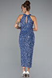 Halter Yaka Yırtmaçlı Midi Pullu Gece Elbisesi ABK2386