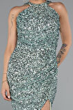 Halter Yaka Yırtmaçlı Midi Pullu Gece Elbisesi ABK2386