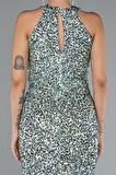 Halter Yaka Yırtmaçlı Midi Pullu Gece Elbisesi ABK2386