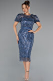 Kısa Kol Kemerli Midi Boncuklu Davet Elbisesi ABK2412