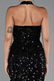 Halter Yaka Midi Taşlı Abiye Elbise ABK2437