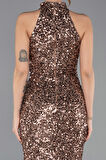Halter Yaka Midi Pul Payet Abiye Elbise ABK2474