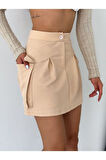 Kadın Krem Kargo Cepli Pileli Beli Lastikli Street Klasik Mini Şort Etek