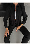 Kadın Siyah Oversize Keten Gömlek Ve Pantolon Ikili Takım Yeni Sezon Keten Alt Üst Takım