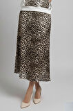 Kahverengi Leopar Desenli Dar Kalıp Yüksek Bel A Kesim Etek