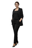 Siyah İpek Görünümlü Kolları Büzgü Yanlı Ceket, Yüksek Bel Dar Kalıp Pantolon ve Crop Top Üçlü Takım