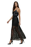 Siyah Desenli Dantelli Dar Tül Astarlı Kloş Parçalı Beli Lastikli Uzun Etek