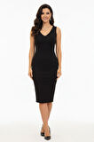 Siyah Dar Kalıp Mini V Yaka Kolsuz Kalem Elbise