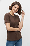 İnci İşlemeli Normal Kalıp Kahverengi Basic T-Shirt