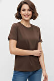 İnci İşlemeli Normal Kalıp Kahverengi Basic T-Shirt