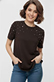 Taş İşlemeli Rahat Kalıp Koyu Kahverengi Basic T-Shirt