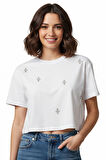 Taş İşlemeli Crop Beyaz Basic T-Shirt