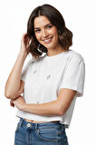 Taş İşlemeli Crop Beyaz Basic T-Shirt