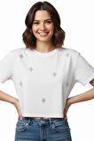 Taş İşlemeli Crop Beyaz Basic T-Shirt