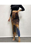 Kadın Çok Renkli Desenli Dijital Baskı Astarlı Uzun Tül Etek Beli Lastikli Tül Etek