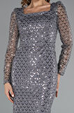 Uzun Kol Kare Yaka Boncuklu Abiye Elbisesi ABU5165