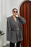 Kadın Oversize Blazer Ceket Kuşaklı Omuz Detaylı
