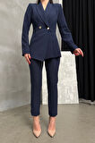 Kadın İkili Blazer Ceket Pantolon Takım Pile ve Düğme Detaylı Boru Paça